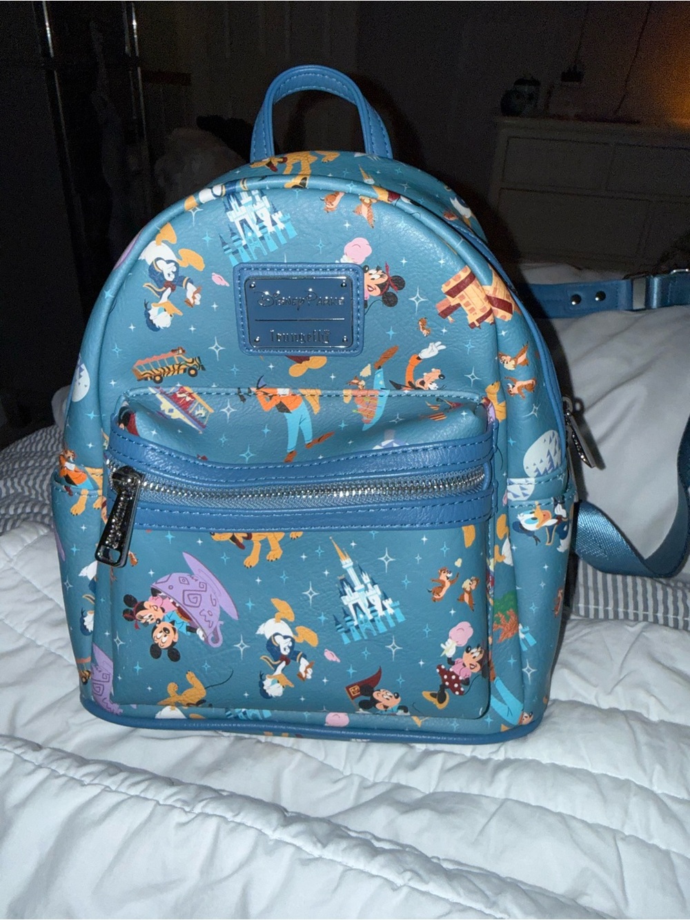 Loungefly Teal Blue Disney Character Mini Backpack with Castle Print